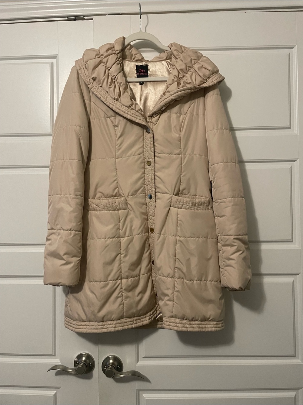 2B Bebe Quilted Hooded Puffer Coat in Light Beige